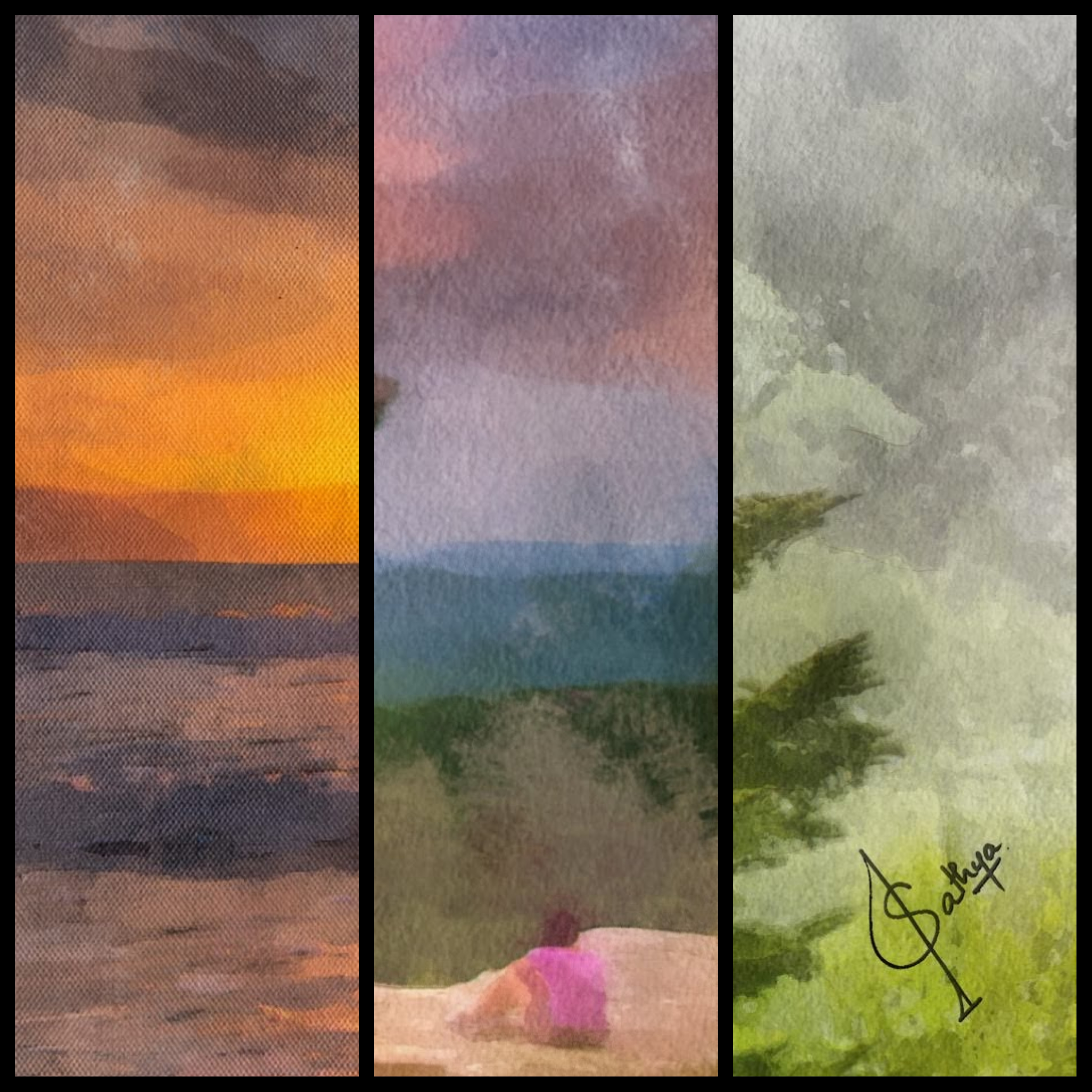 A triptych depicting different portions from different work to highlight the painting effect.